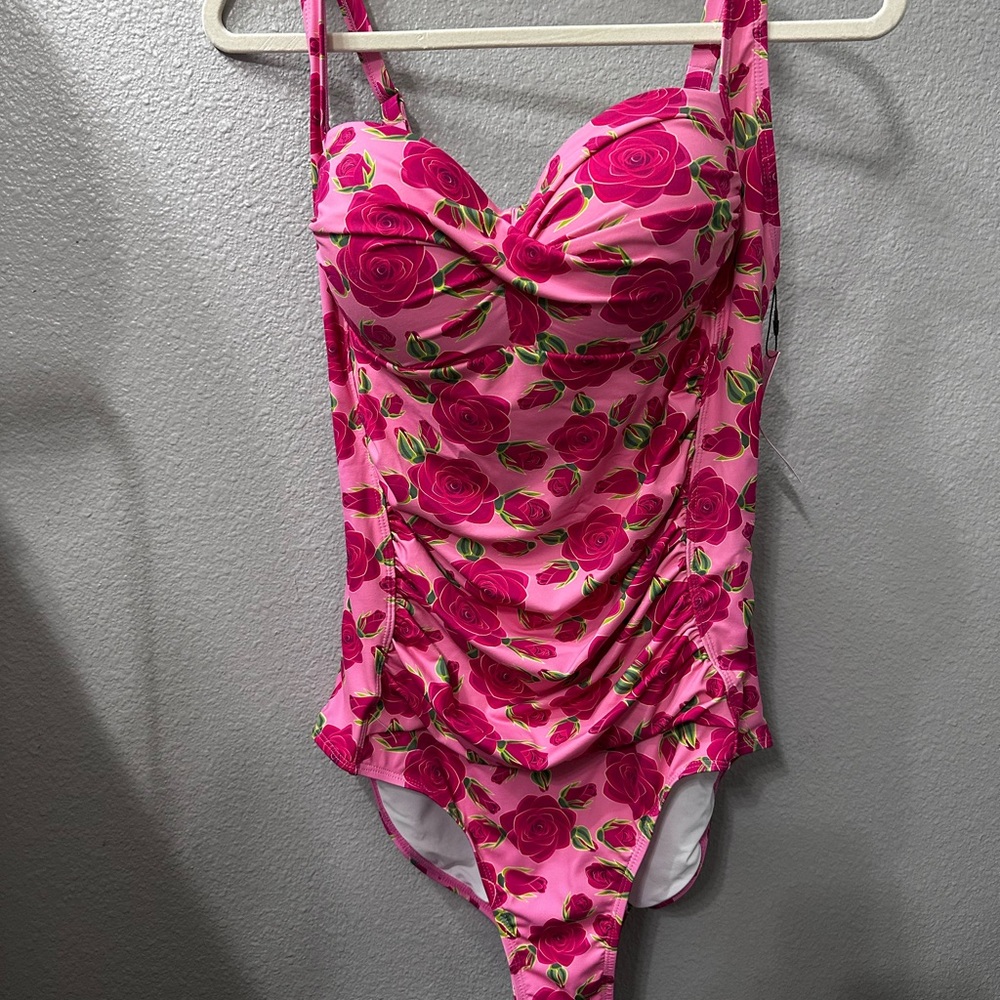 Betsey Johnson Pink and Green One Piece Swimsuit with Ruched Front